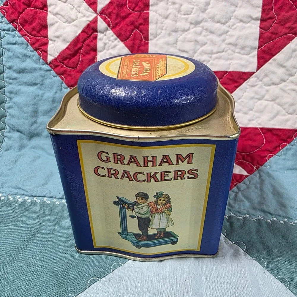 Bristolware Graham Crackers Blue Square Collectible Tin Small Blue Vintage Style